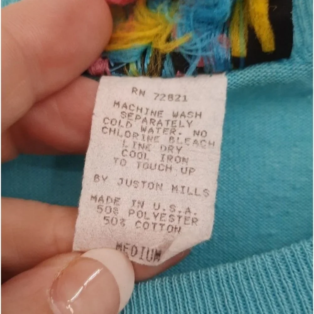 VTG 80s Just On Blue Neon Beach Graphic Crop Tee Half Shirt Shell Sailboat M - Picture 5 of 6